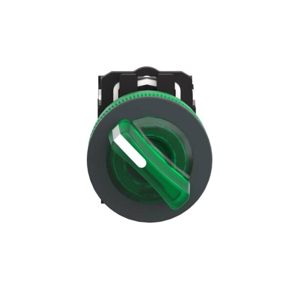 Illuminated selector switch, Harmony XB5, grey plastic, green handle, 30mm, universal LED, 2 positions, 1NO + 1NC, 24V AC DC - Schneider Electric - XB5FK123B5