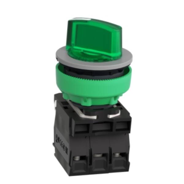 Illuminated selector switch, Harmony XB5, universal LED, grey bezel, green flush mounted,30mm, 2 positions, stay put, 1NO + 1NC, 24V AC - Schneider Electric - XB5FK123B5C0