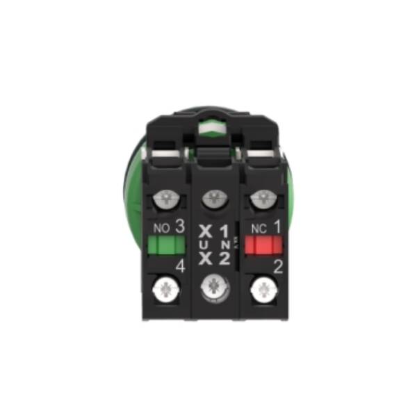 Illuminated selector switch, Harmony XB5, grey plastic, green handle, 30mm, universal LED, 3 positions, 1NO + 1NC, 110...120V AC - Schneider Electric - XB5FK133G5