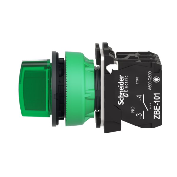 Illuminated selector switch, Harmony XB5, grey plastic, green handle, 30mm, universal LED, 3 positions, 1NO + 1NC, 230...240V AC - Schneider Electric - XB5FK133M5