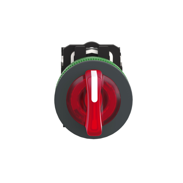 Illuminated selector switch, Harmony XB5, grey plastic, red handle, 30mm, universal LED, 3 positions, 1NO + 1NC, 230...240V AC - Schneider Electric - XB5FK134M5