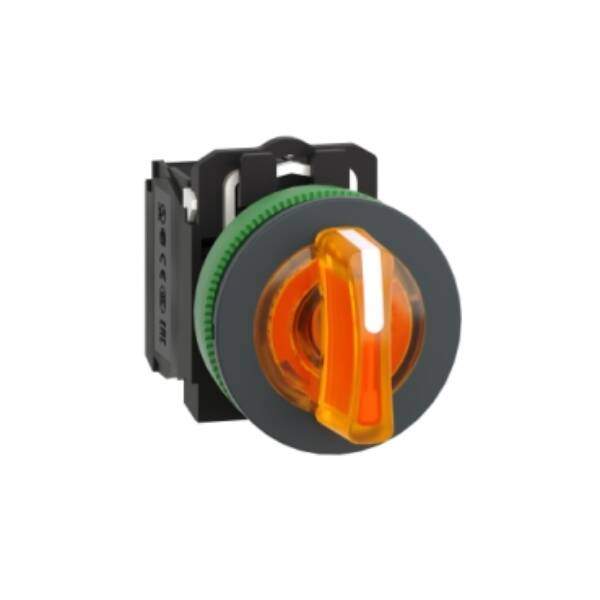 Illuminated selector switch, Harmony XB5, grey plastic, orange handle, 30mm, universal LED, 3 positions, 1NO + 1NC, 110...120V AC - Schneider Electric - XB5FK135G5