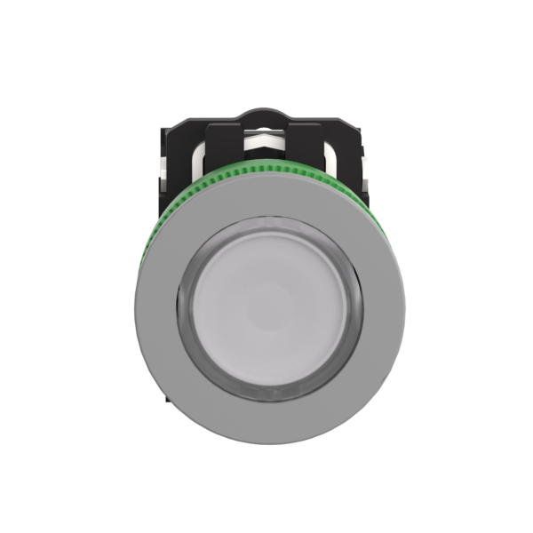 Illuminated push button, Harmony XB5, grey bezel, white flush mounted, 30mm, universal LED, 1NO + 1NC, 230V AC - Schneider Electric - XB5FW31M5C0