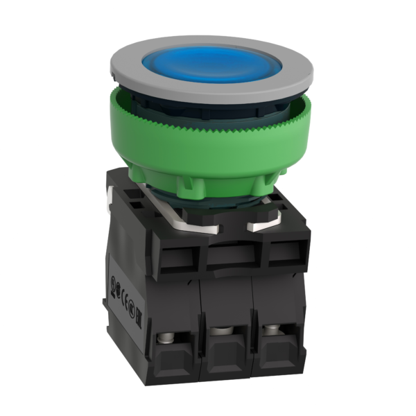 Illuminated push button, Harmony XB5, antimicrobial, grey bezel, blue flush, 30mm, universal LED, 24V AC DC, 1NO + 1NC - Schneider Electric - XB5FW36B5C0