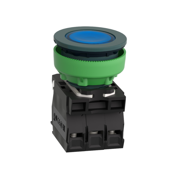 Illuminated push button, Harmony XB5, antimicrobial, plastic, blue, 30mm, universal LED, 1NO + 1NC, 110...120V AC - Schneider Electric - XB5FW36G5