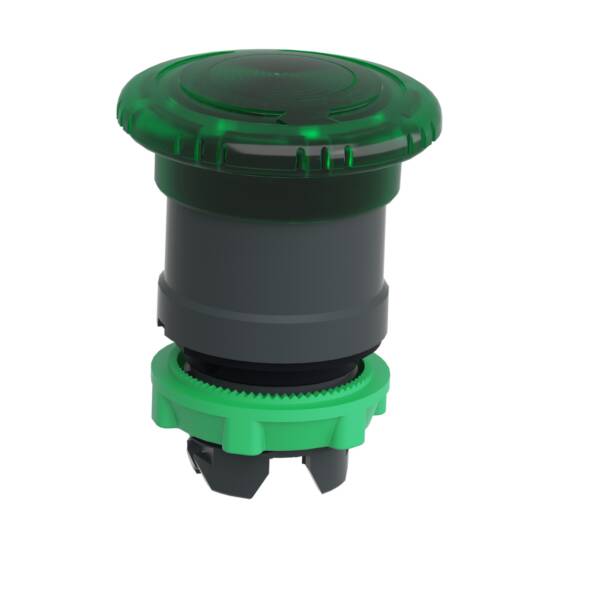 Head for illuminated push button, Harmony XB5, plastic, green mushroom 40mm, 22mm, latching turn to release, clear boot - Schneider Electric - ZB5AW733