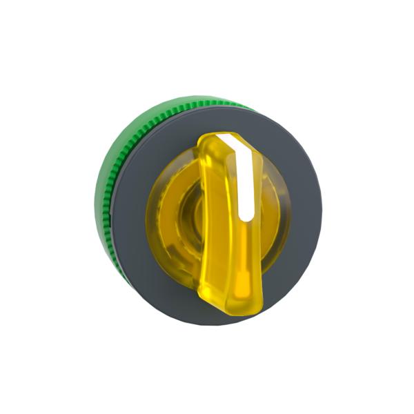 Head for illuminated selector switch, Harmony XB5, plastic, yellow handle, universal LED, 3 positions, left to center - Schneider Electric - ZB5FK1783