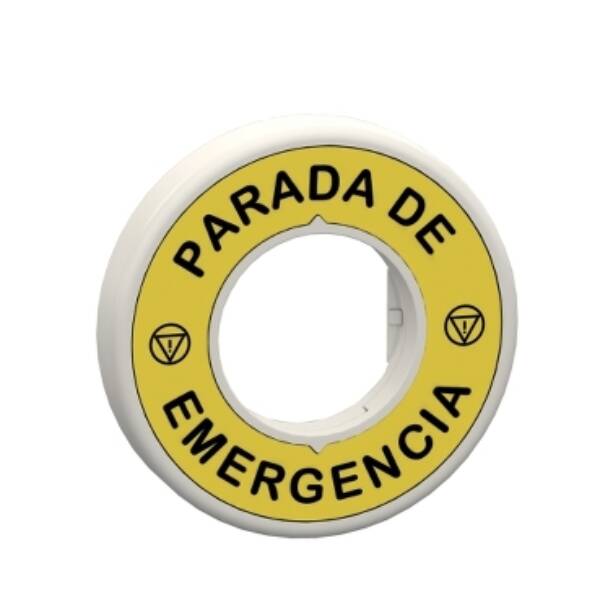 Harmony, Illuminated ring Ø60, plastic, yellow, red fixed integral LED, marked PARADA DE EMERGENCIA, 24 V AC/DC - Schneider Electric - ZBY9W2B430