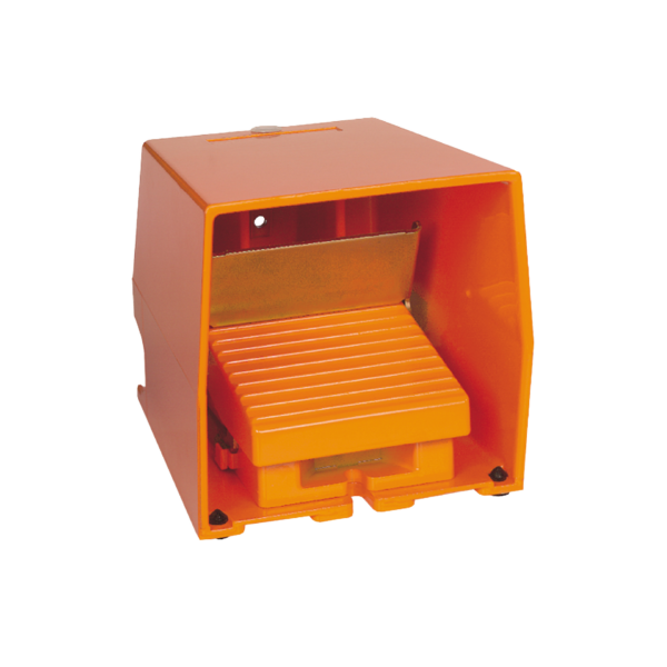 Preventa XPE, Single foot switch, metal, orange, with cover, trigger mechanism, 1 NO + 1 NC - Schneider Electric - XPER510