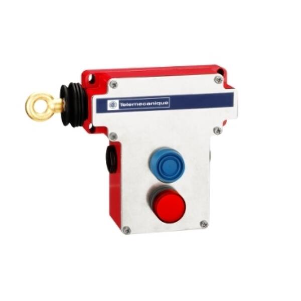 e-stop rope pull switch XY2CE - LH side - 2NC+2NO - pilot light 130V - boot. pb - Telemecanique Sensors - XY2CE2A296H7