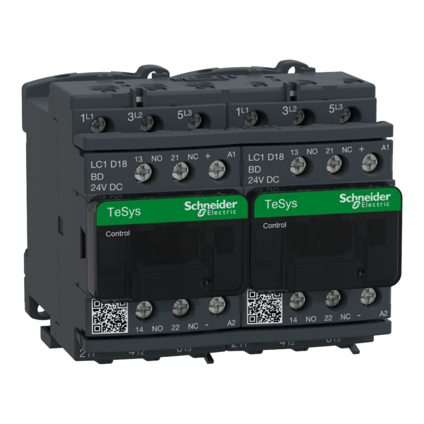 TeSys D reversing contactor - 3P(3 NO) - AC-3 - <= 440 V 18 A - 24 V DC coil - Schneider Electric - LC2D18BDV