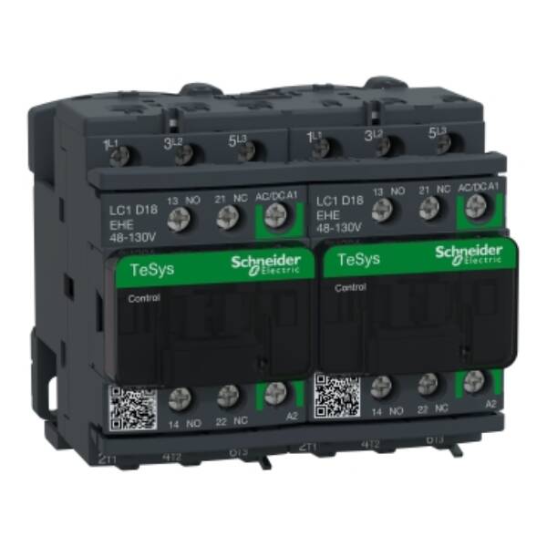 TeSys D reversing contactor - 3P - <= 440 V - 18 A AC-3 - 48...130 V AC/DC coil - Schneider Electric - LC2D18EHE