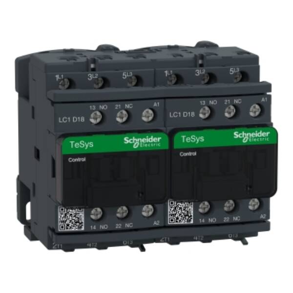 TeSys D reversing contactor - 3P(3 NO) - AC-3 - <= 440 V 18 A - 230 V AC coil - Schneider Electric - LC2D18P7