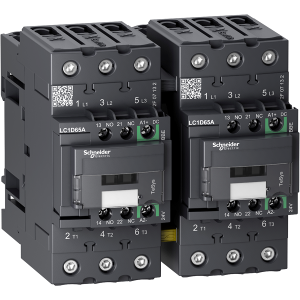 TeSys D reversing contactor - 3P - <= 440 V - 65 A AC-3 - 24 V DC coil - Schneider Electric - LC2D65ABBE