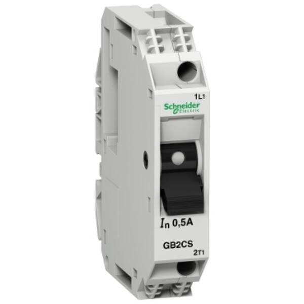 Thermal magnetic circuit breaker, TeSys GB2, 1P, 0.5 A, Icu 50 kA@240 V, low magnetic tripping level - Schneider Electric - GB2CS05