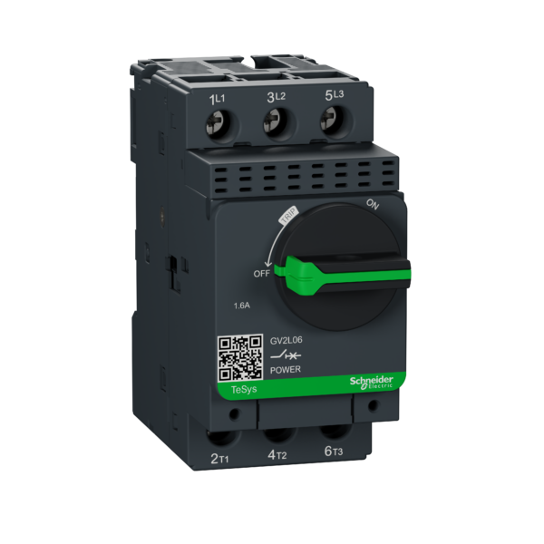 Motor circuit breaker, TeSys GV2, 3P, 1.6 A, magnetic, rotary handle, screw clamp terminals - Schneider Electric - GV2L06