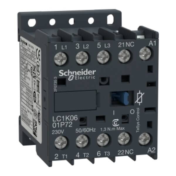 TeSys K contactor - 3P - AC-3 <= 440 V 6 A - 1 NC aux. - 230 V AC coil - Schneider Electric - LC1K0601P72