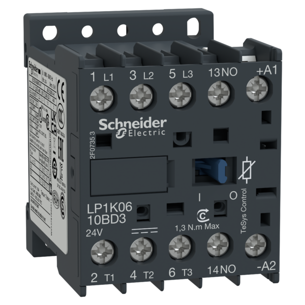 TeSys K contactor - 3P - AC-3 <= 440 V 6 A - 1 NO aux. - 24 V DC coil - Schneider Electric - LP1K0610BD3