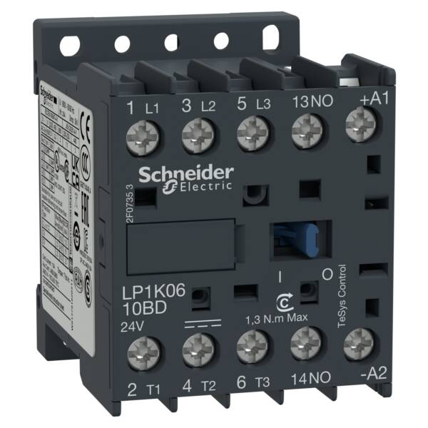 TeSys K contactor - 3P - AC-3 <= 440 V 6 A - 1 NO aux. - 110 V DC coil - Schneider Electric - LP1K0610FD