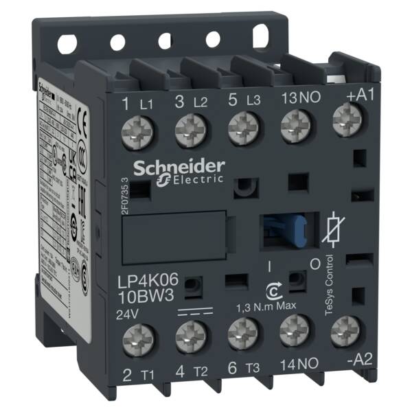 TeSys K contactor - 3P - AC-3 <= 440 V 6 A - 1 NO aux. - 110 V DC coil - Schneider Electric - LP4K0610FW3