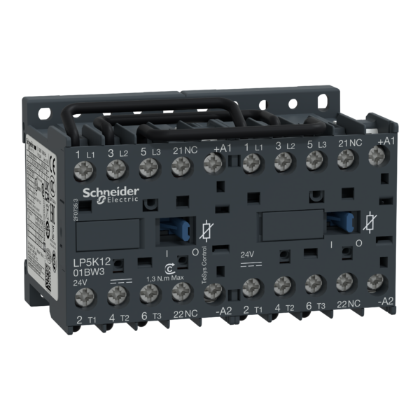 TeSys K reversing contactor - 3P - AC-3 <= 440 V 12 A - 1 NC - 24 V DC coil - Schneider Electric - LP5K1201BW3