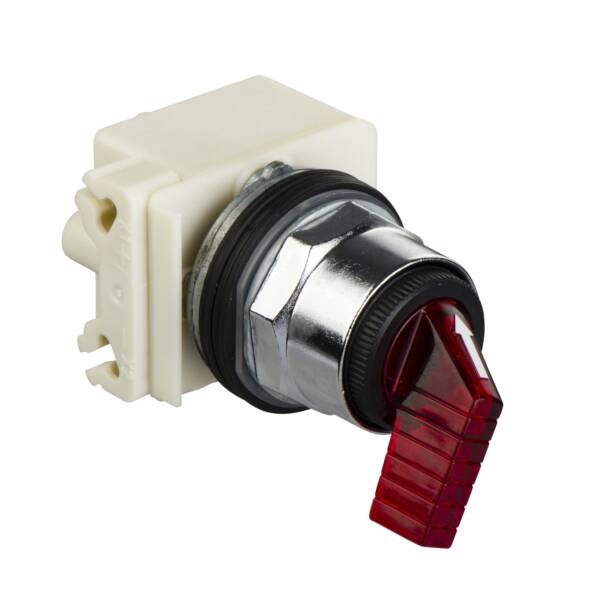 Illuminated selector switch head, Harmony 9001K, metal, long handle, red, 30mm, 3 positions, stay put, LED red, 24-28V - Schneider Electric - 9001K43J35LRFR