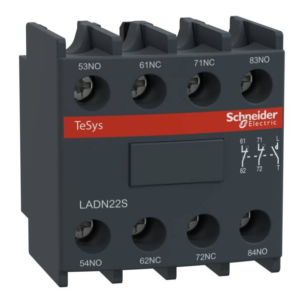 Auxiliary contact block, TeSys D, 2NO + 2NC, front mounting, screw clamp terminals, red front face - Schneider Electric - LADN22S