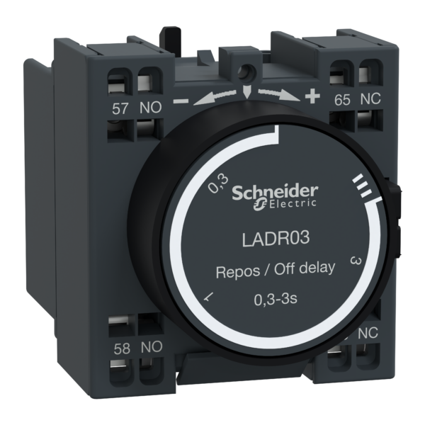 Time delay auxiliary contact block, TeSys D, 1NO + 1NC, off delay 0.3-3s, front, spring terminals - Schneider Electric - LADR03