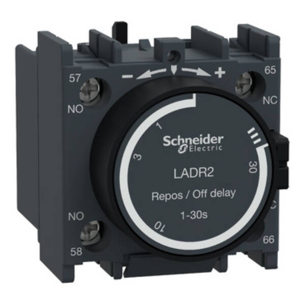 Time delay auxiliary contact block, TeSys Deca, 1NO+1NC, off delay 1-30s, front, screw clamp terminals - Schneider Electric - LADR2