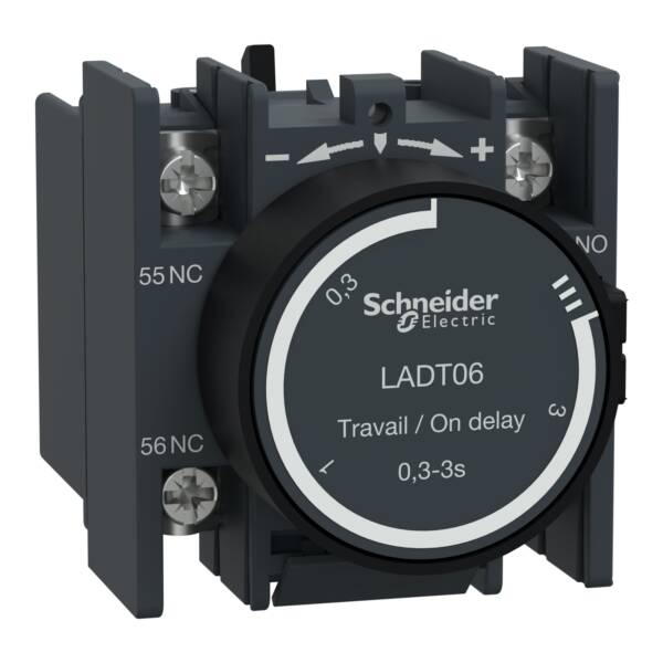 Time delay auxiliary contact block, TeSys D, 1NO + 1NC, on delay 0.3-3s, front, lugs-ring terminals - Schneider Electric - LADT06