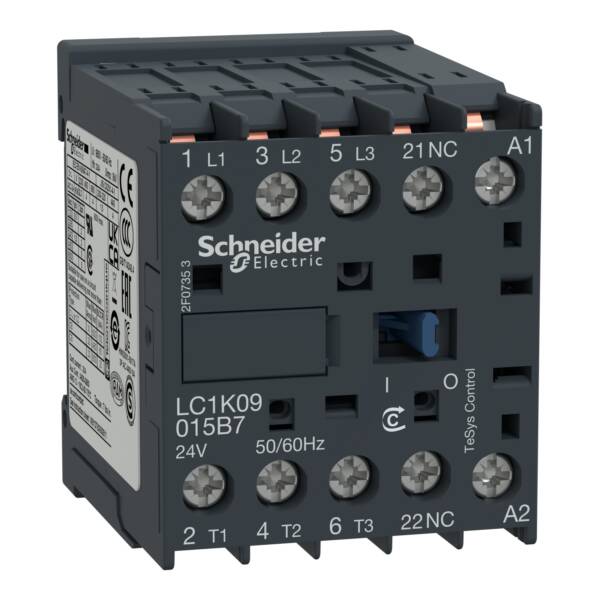 TeSys K contactor - 3P - AC-3 <= 440 V 6 A - 1 NC aux. - 24 V AC coil - Schneider Electric - LC1K06015B7