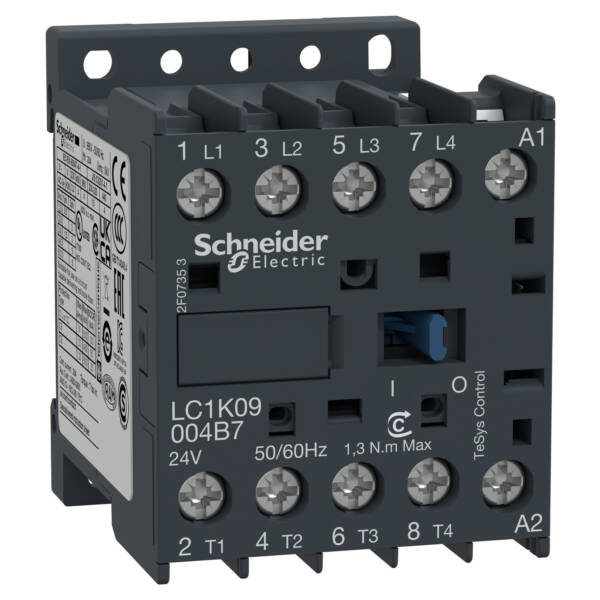 TeSys K contactor - 4P (4 NO) - AC-1 <= 440 V 20 A - 24 V AC coil - Schneider Electric - LC1K09004B7