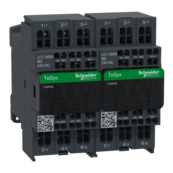 TeSys D reversing contactor - 3P(3 NO) - AC-3 - <= 440 V 9 A - 24 V DC coil - Schneider Electric - LC2D093BD