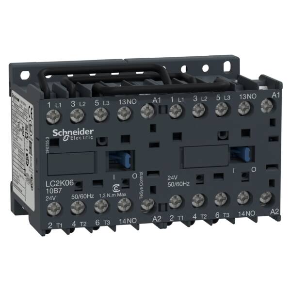 TeSys K reversing contactor - 3P - AC-3 <= 440 V 6 A - 1 NO - 220...230 VAC coil - Schneider Electric - LC2K0610M7