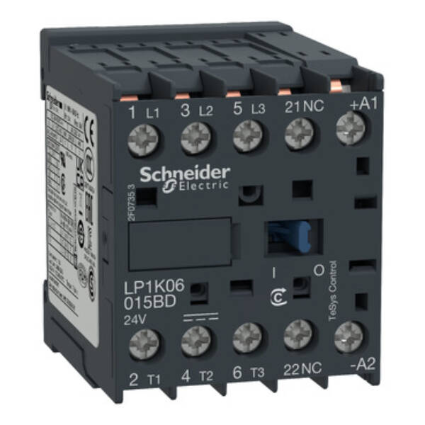 TeSys K contactor - 3P - AC-3 <= 440 V 9 A - 1 NC aux. - 24 V DC coil - Schneider Electric - LP1K09015BD