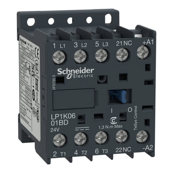 TeSys K contactor - 3P - AC-3 <= 440 V 9 A - 1 NC aux. - 12 V DC coil - Schneider Electric - LP1K0901JD