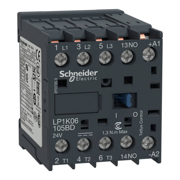 TeSys K contactor - 3P - AC-3 <= 440 V 9 A - 1 NO aux. - 24 V DC coil - Schneider Electric - LP1K09105BD
