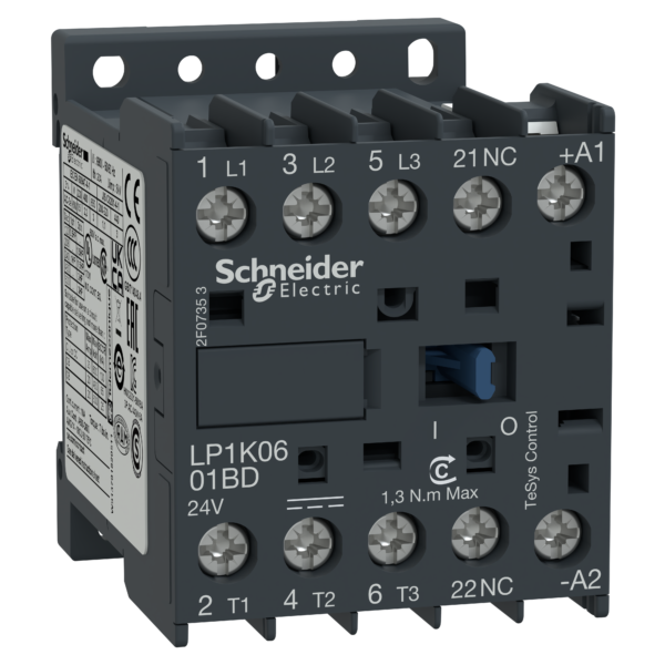 TeSys K contactor - 3P - AC-3 <= 440 V 12 A - 1 NC aux. - 24 V DC coil - Schneider Electric - LP1K1201BD