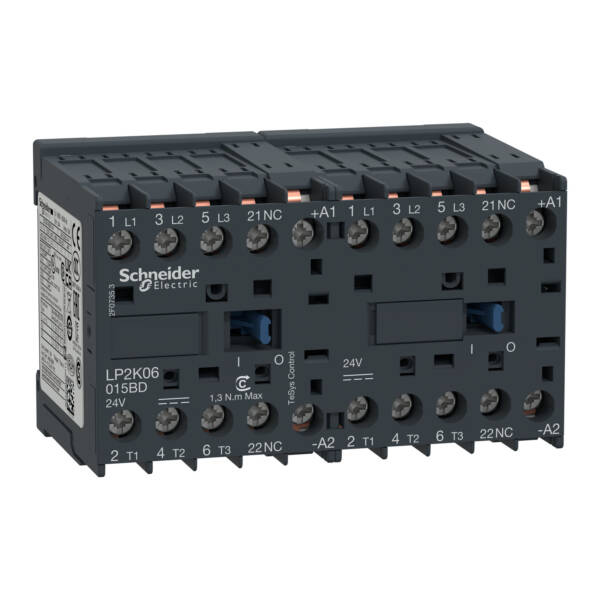 TeSys K reversing contactor - 3P - AC-3 <= 440 V 6 A - 1 NC - 24 V DC coil - Schneider Electric - LP2K06015BD
