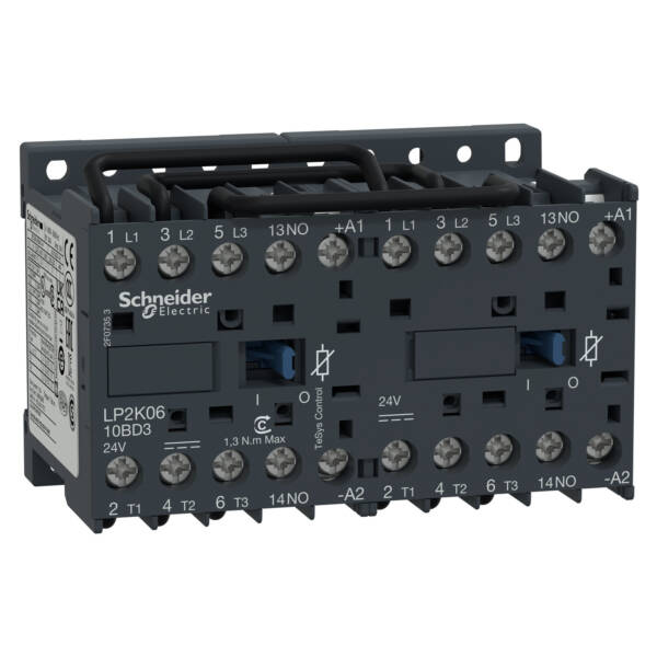 TeSys K reversing contactor - 3P - AC-3 <= 440 V 6 A - 1 NO - 24 V DC coil - Schneider Electric - LP2K0610BD3