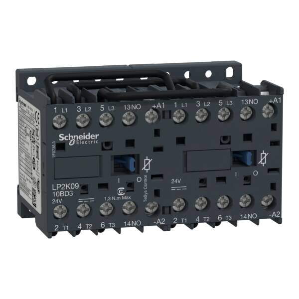 TeSys K reversing contactor - 3P - AC-3 <= 440 V 9 A - 1 NO - 24 V DC coil - Schneider Electric - LP2K0910BD3