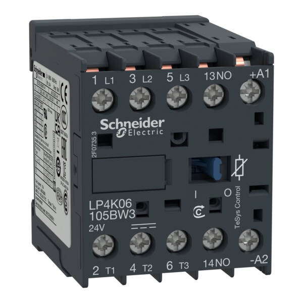 TeSys K contactor - 3P - AC-3 <= 440 V 9 A - 1 NO aux. - 24 V DC coil - Schneider Electric - LP4K09105BW3