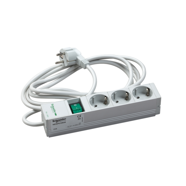 Actassi - 1U power distribution rail - 3 sockets+switch 10P VDE - Schneider Electric - NSYAPU10S3S