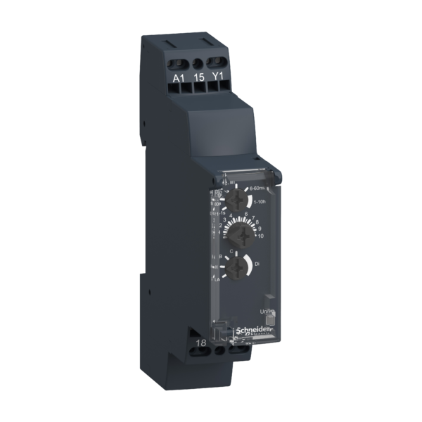 Harmony, Modular timing relay, 8 A, 1 CO, 0.1 s..10 h, multifunction, spring terminals, 24 V DC / 24...240 V AC/DC - Schneider Electric - RE17RMEMUS