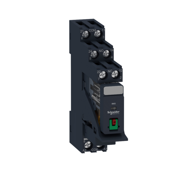 Harmony, Interface plug-in relay pre-assembled, 5 A, 2 CO, with lockable test button, with protection circuit, 24 V AC - Schneider Electric - RXG21B7PV