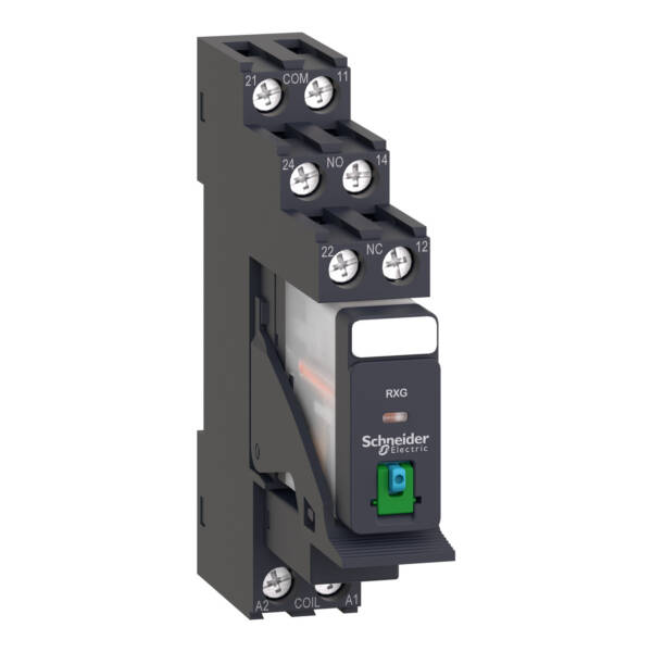 Harmony, Interface plug-in relay pre-assembled, 5 A, 2 CO, with lockable test button, with protection circuit, 24 V DC - Schneider Electric - RXG21BDPV