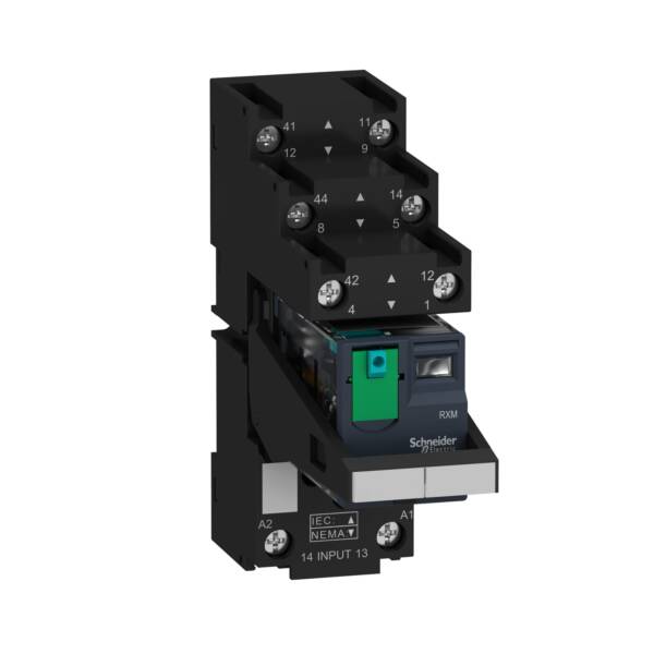 Harmony, Miniature plug-in relay pre-assembled, 12 A, 2 CO, with LED, with lockable test button, separate terminals socket, 24 V DC - Schneider Electric - RXM2AB2BDPVS