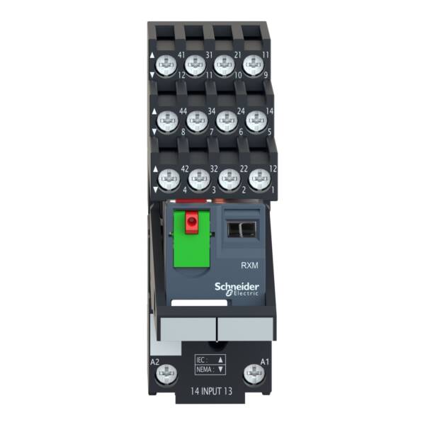 Harmony, Miniature plug-in relay pre-assembled, 6 A, 4 CO, with LED, with lockable test button, separate terminals socket, 24 V AC - Schneider Electric - RXM4AB2B7PVS