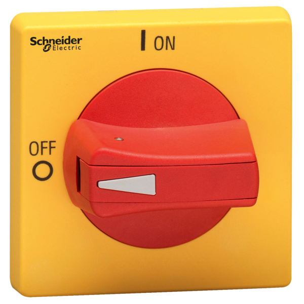 Disconnect switch, TeSys VLS, protruding rotary handle, hole mounting, 65x65mm, red handle, 5mm shaft, defeatable - Schneider Electric - VLSH2H5RD