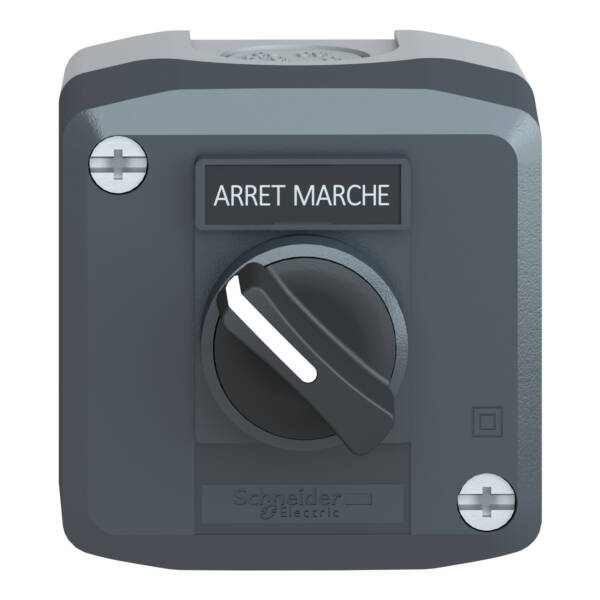 Harmony XALD, XALK, Control station, plastic, dark grey, 1 selector switch, Ø22, 1 NO, legend holder marked ARRET / MARCHE, - Schneider Electric - XALD132